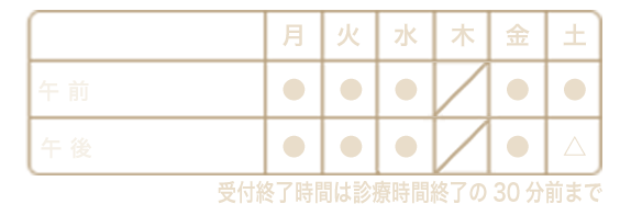診療時間　午前　9時30分〜13時　午後　15時〜18時30分　木曜定休日